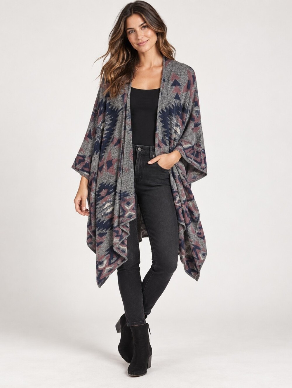 Lucky Brand Women’s Boho Aztec Open Front Asymmetrical Cardigan One Size